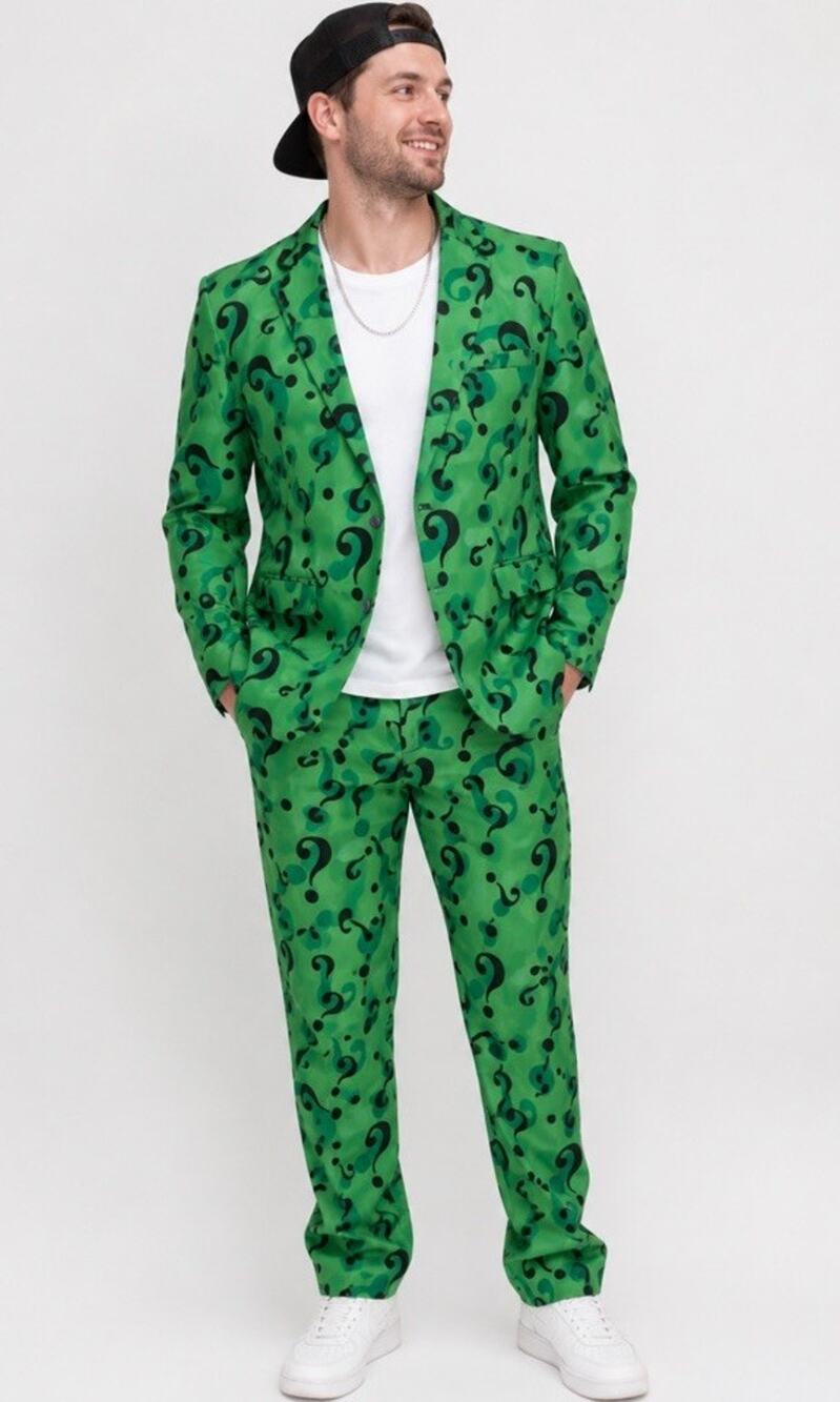 Spirit Halloween Riddler Costume Suit Mens XL Green Question Mark Jacket Pants
